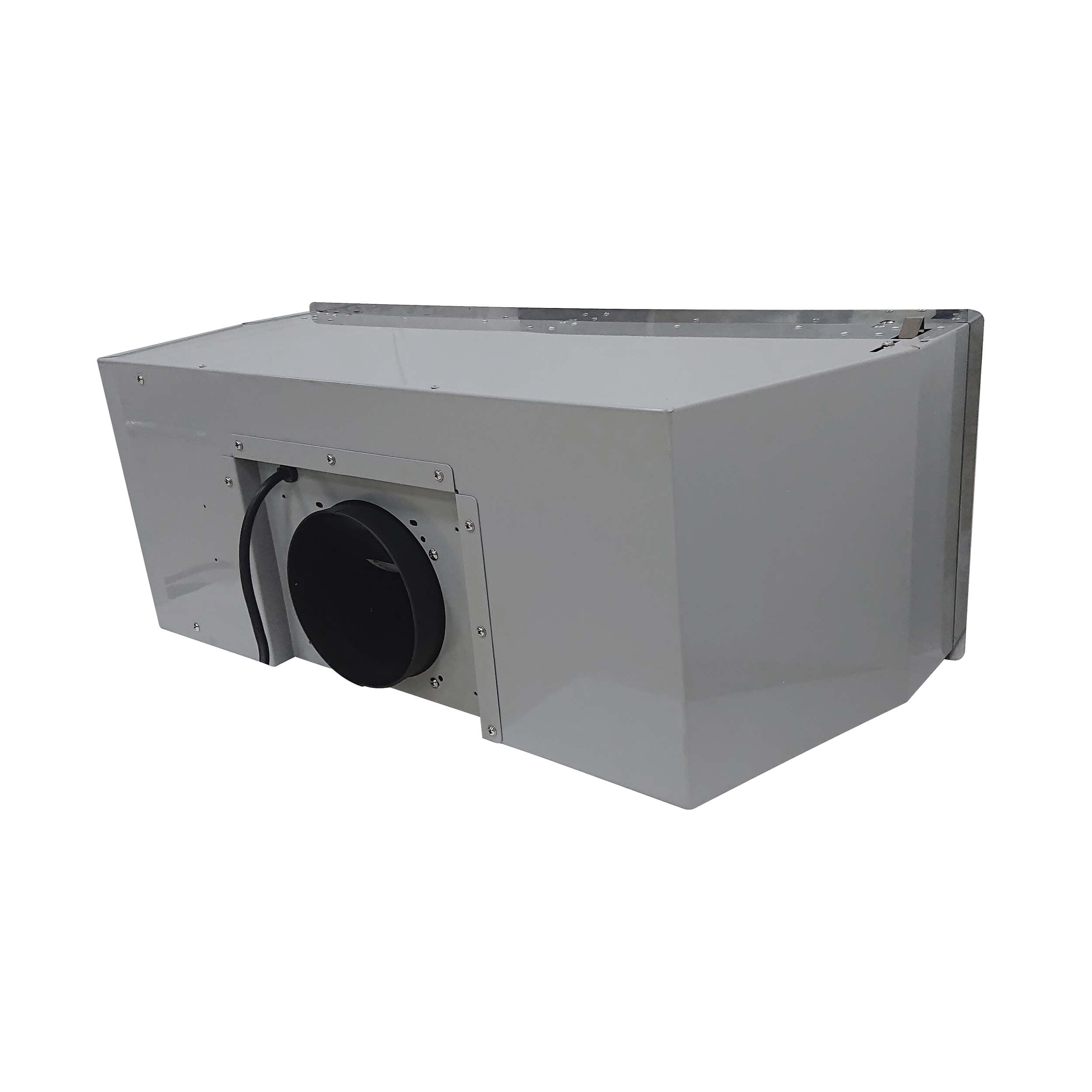 Stainless steel range hood insert back panel with circular exhaust opening