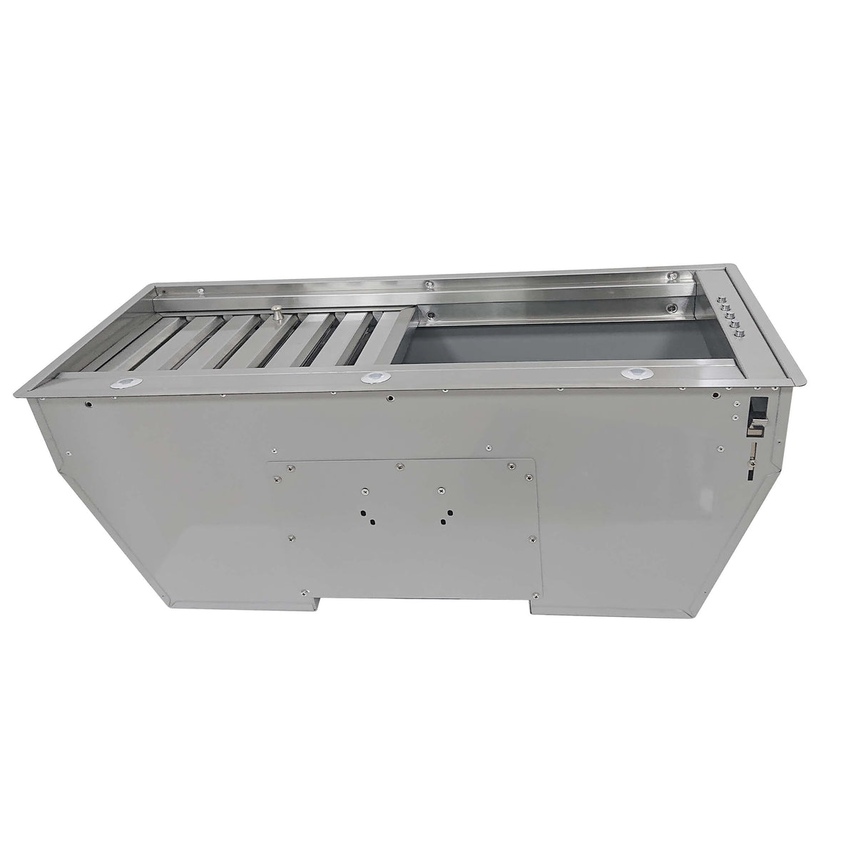 Stainless steel recessed range hood insert underside with vent louvers and access cutouts