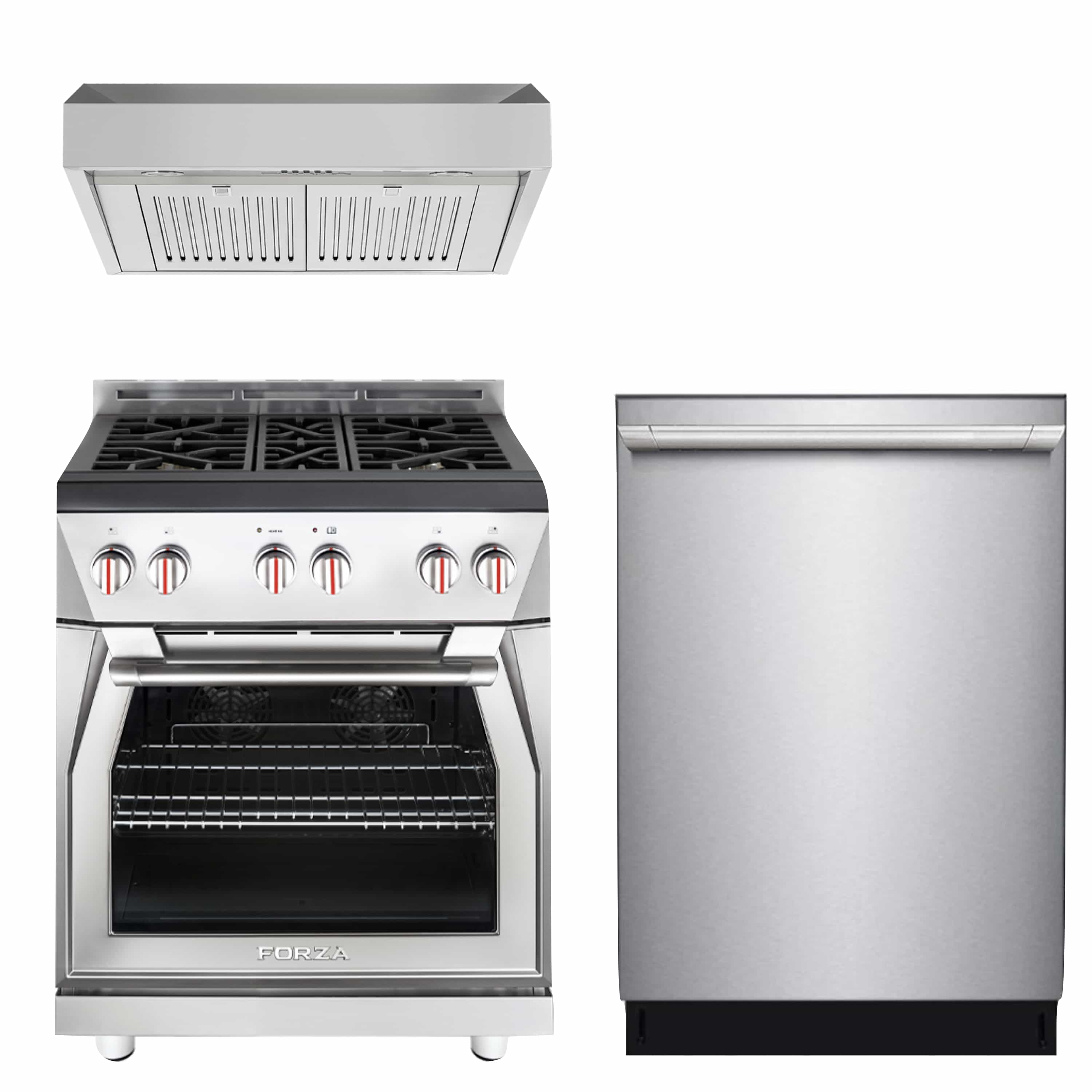 Stainless steel Forza gas range and dishwasher in matching finish, side-by-side