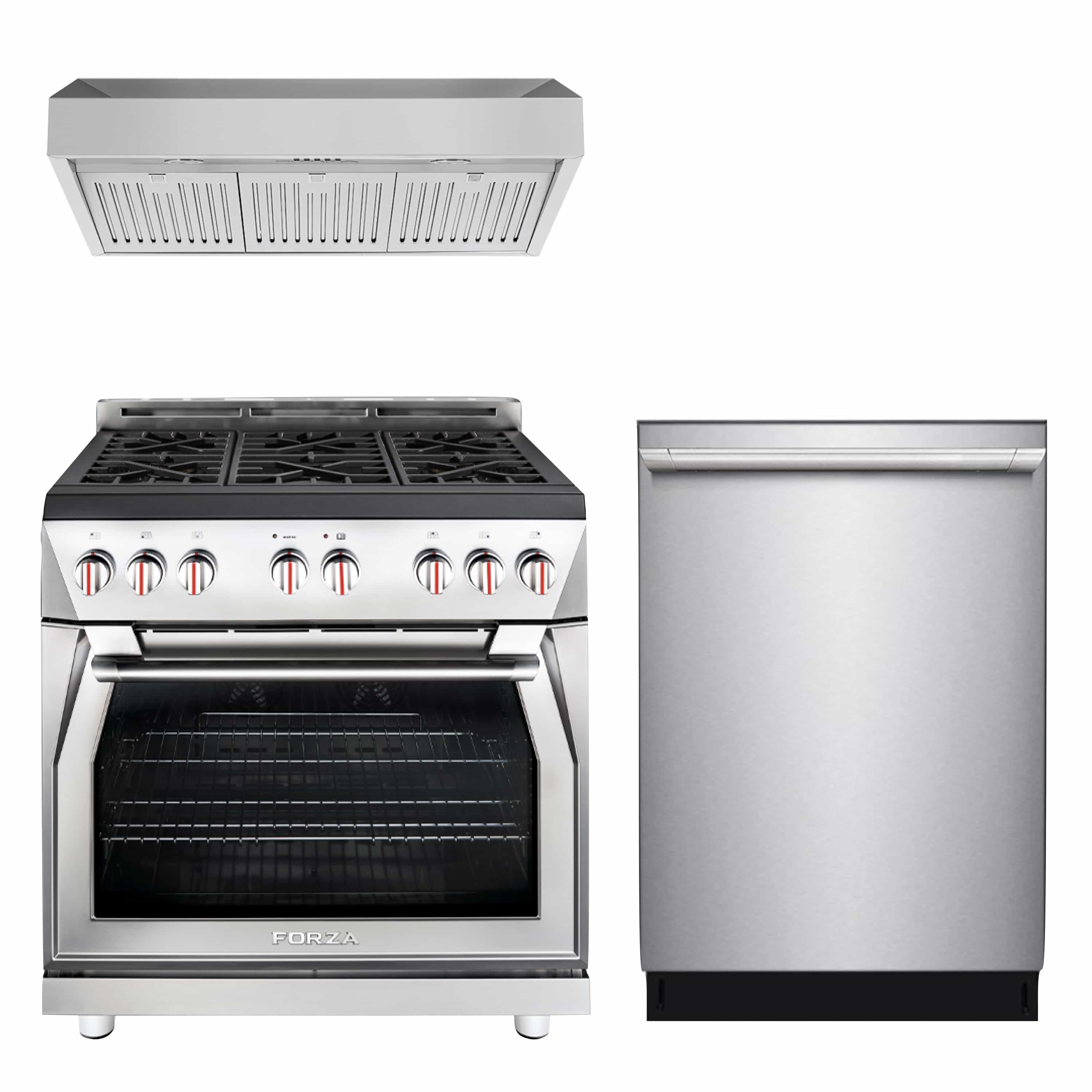 Stainless steel gas range with oven door and control knobs beside stainless dishwasher
