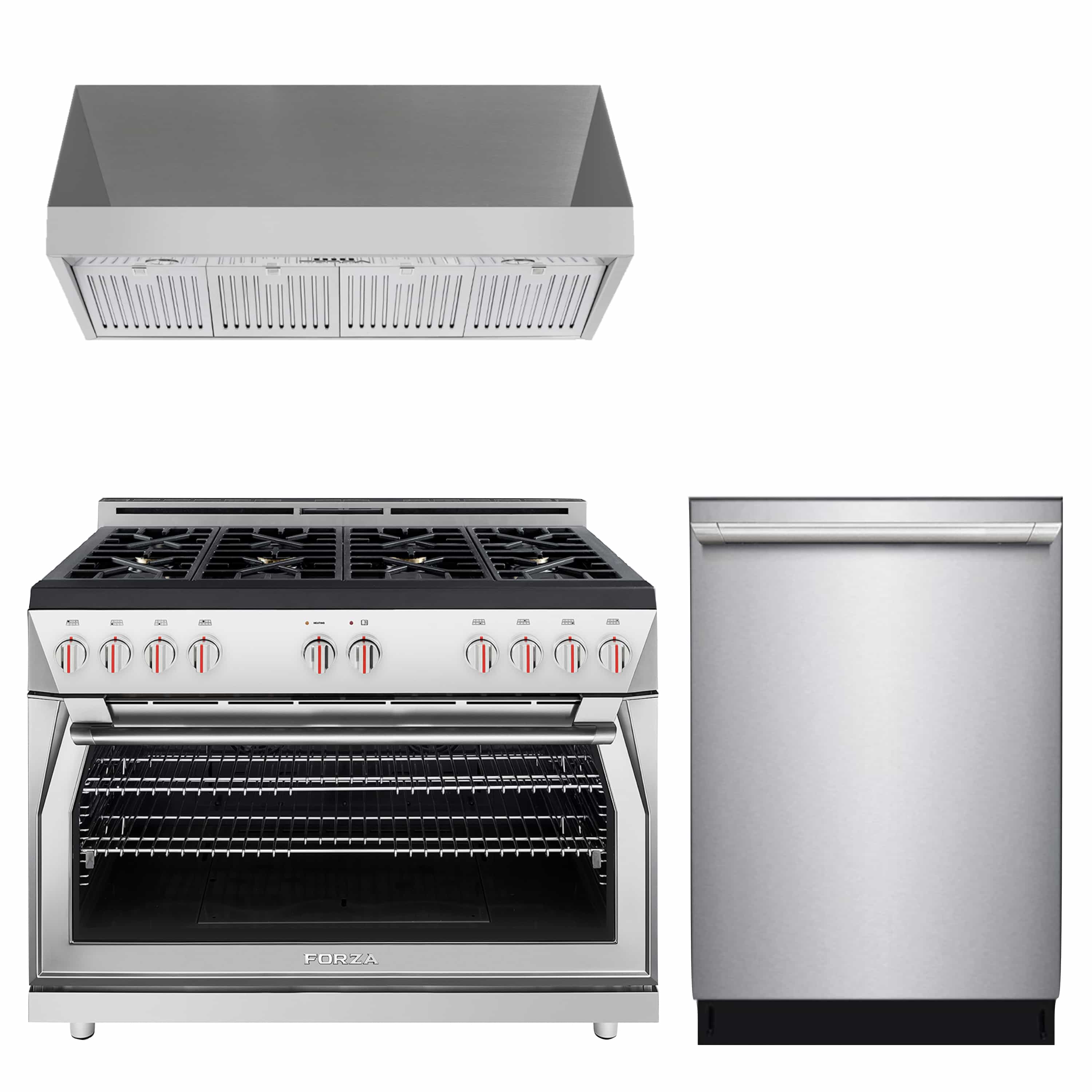 Stainless gas range with open oven door and matching built-in dishwasher