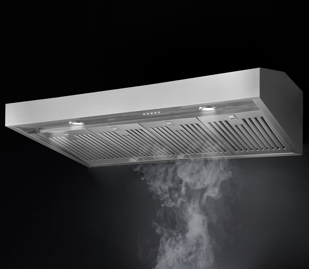 Stainless range hood vent with built-in lights and rising steam