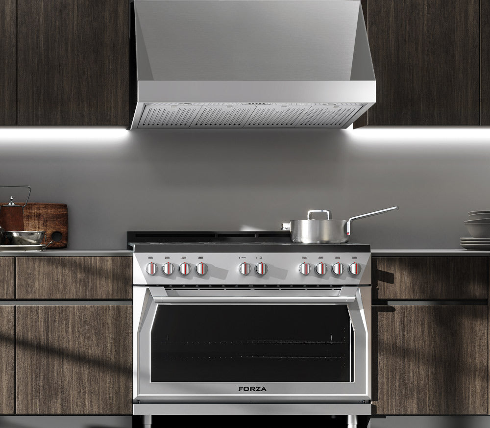 Stainless steel gas range with open oven door and control knobs