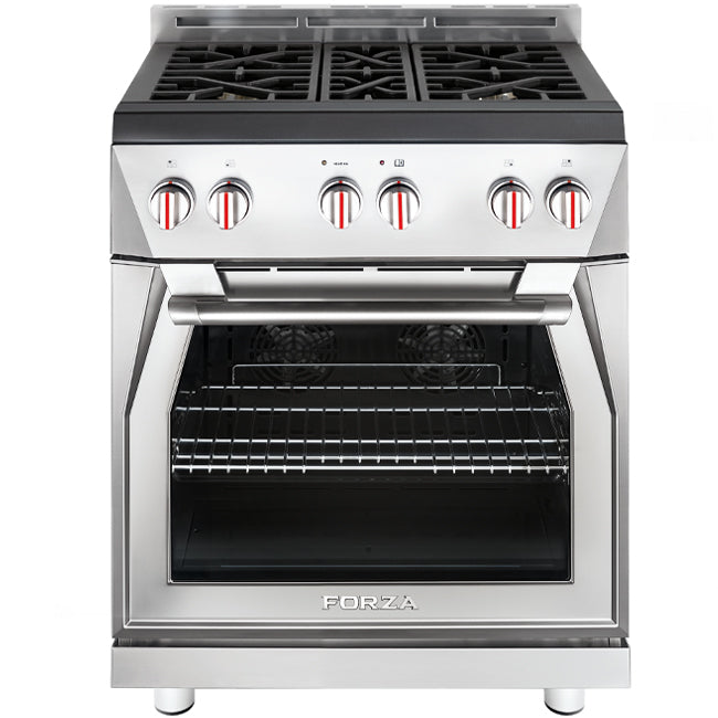 Stainless steel gas range with control knobs and open oven door
