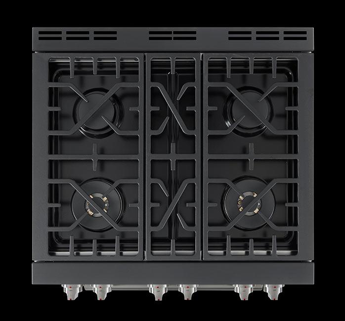 Gas range cooktop with black cast-iron grates and burner caps