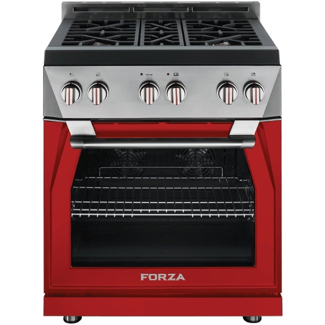 Radicale red and stainless steel pro-style gas range with oven door open