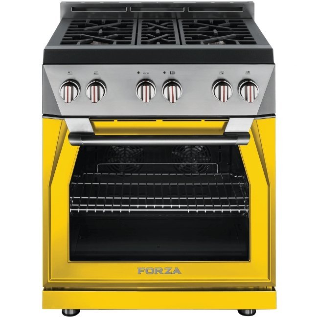 Ribelle yellow pro-style gas range with five burner grates and open oven door