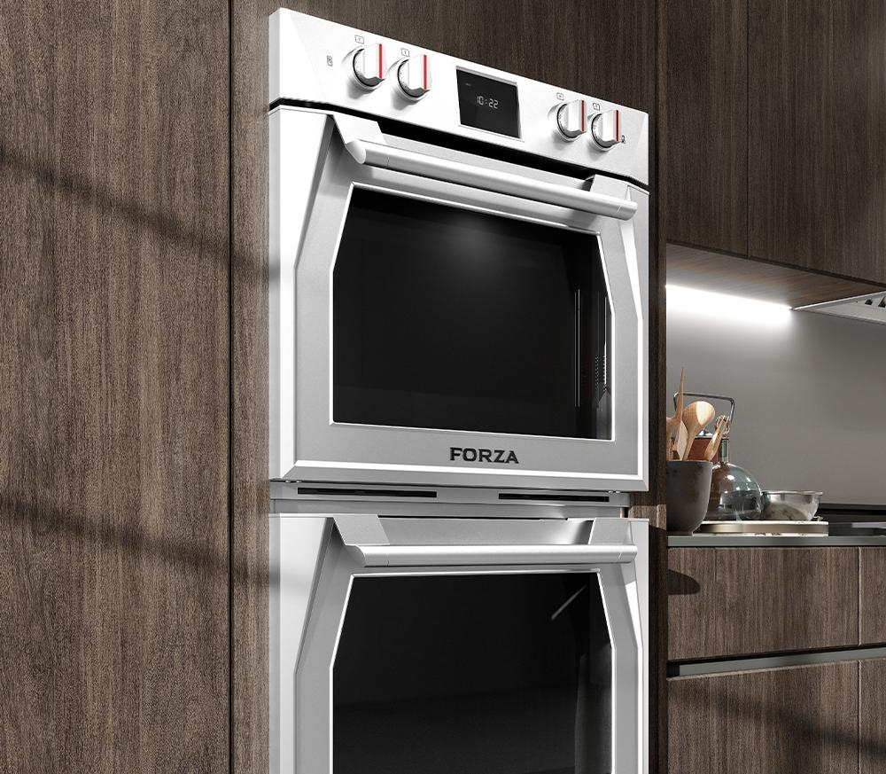 Stainless double convection electric wall oven with open upper door and control panel