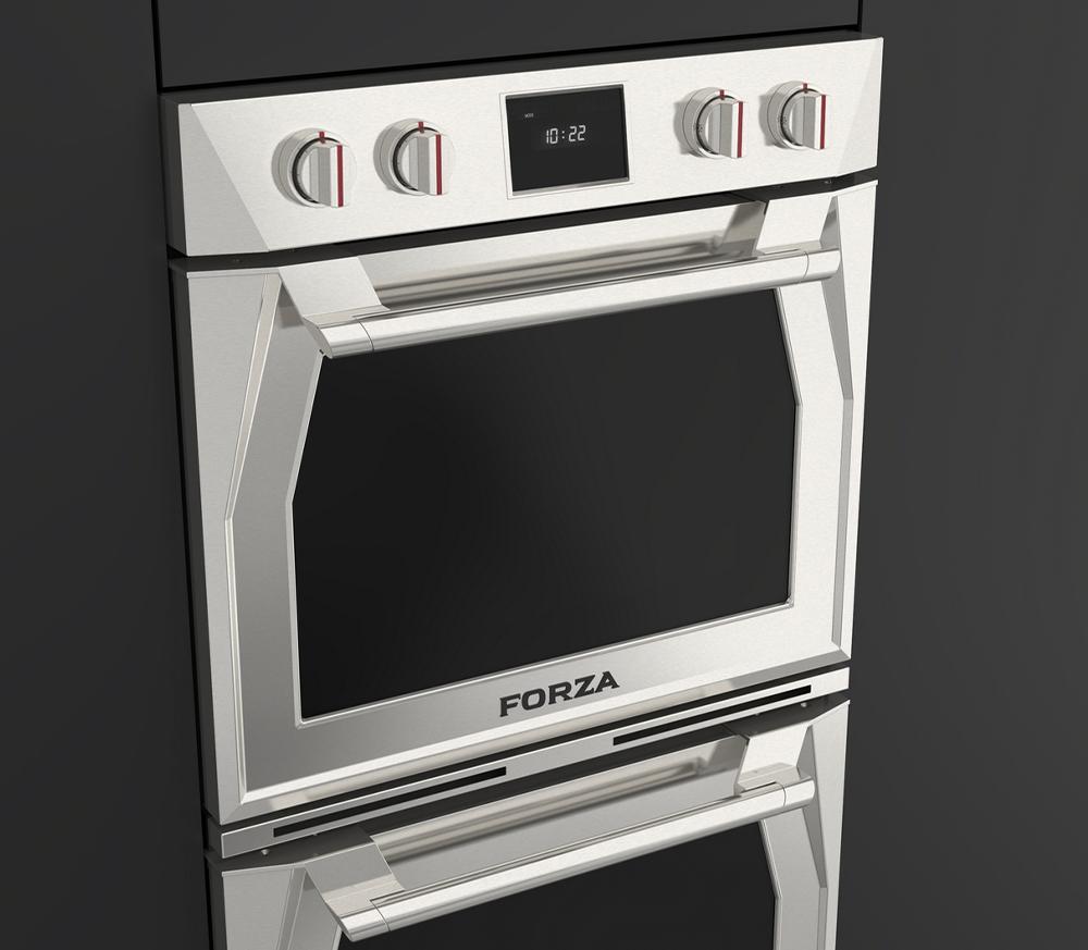 Stainless electric wall oven front with two black door windows and control knobs