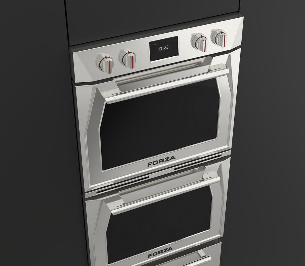 Stainless double electric wall oven with two black doors and a digital display