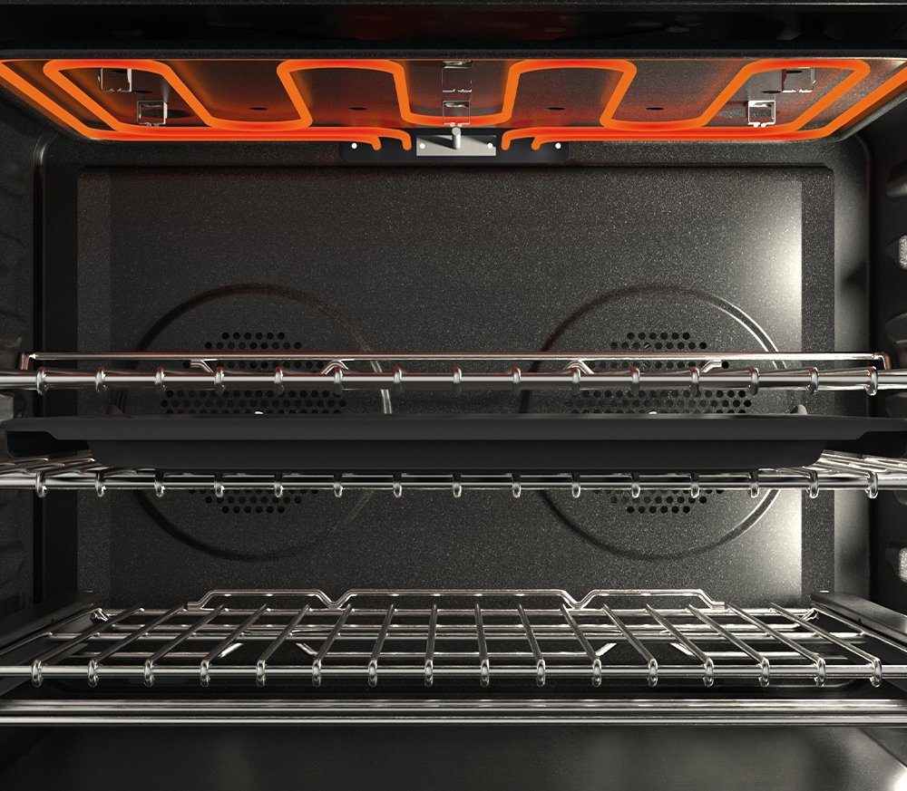 Electric wall oven interior with convection ports and wire oven racks