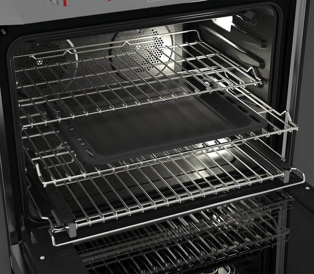 Electric wall oven interior with multiple wire racks and open cooking chamber