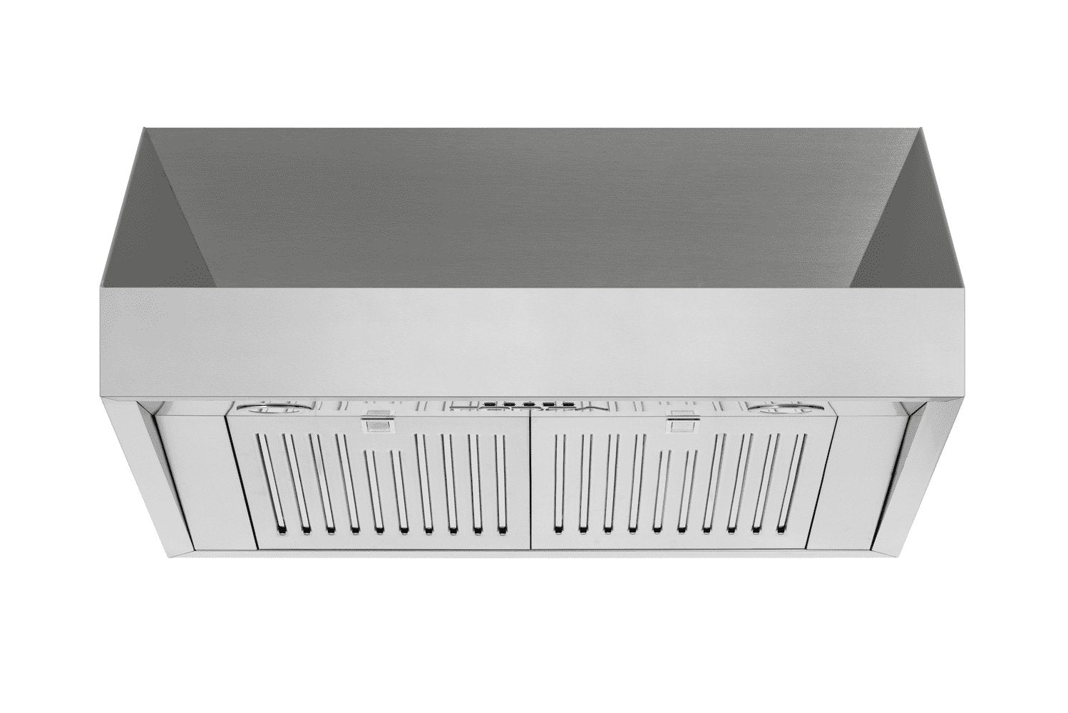 Stainless steel range hood with vented filter grille and low-profile canopy