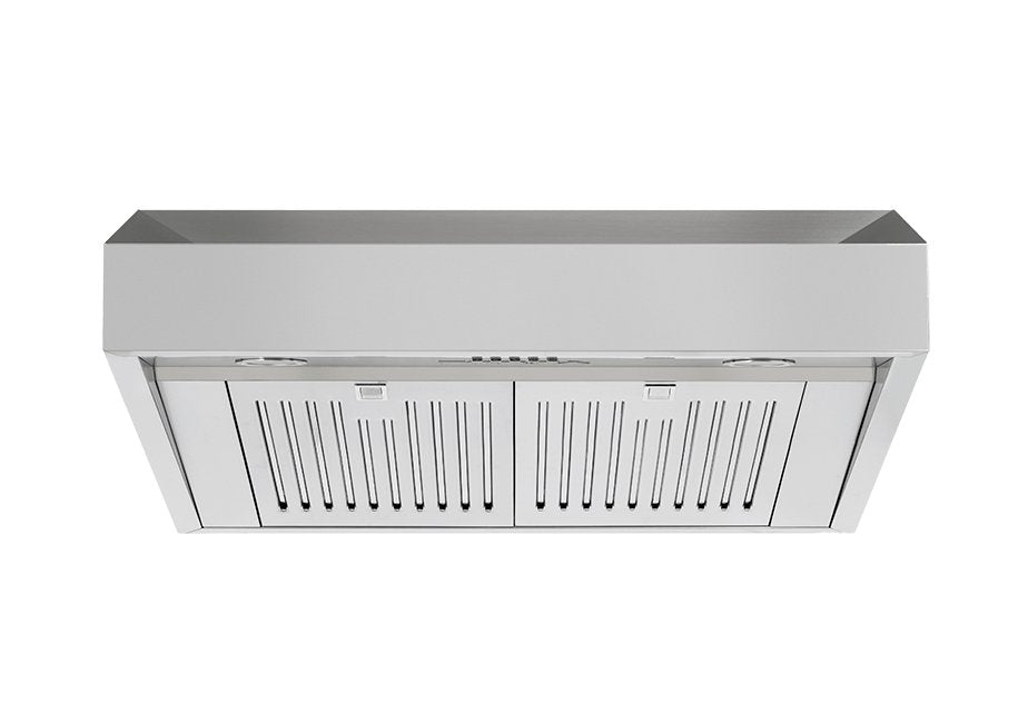 Stainless steel under-cabinet range hood with front vent slat panels and control area