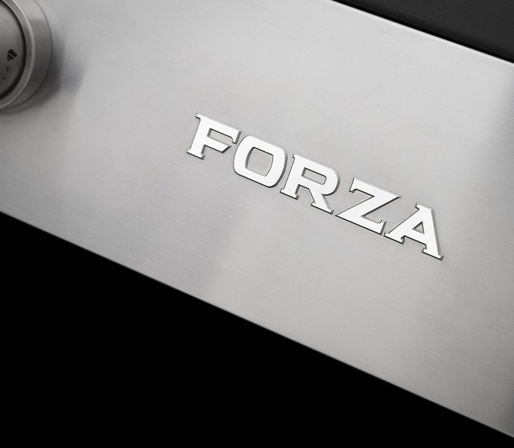 FORZA stainless steel cooktop panel with raised brand lettering