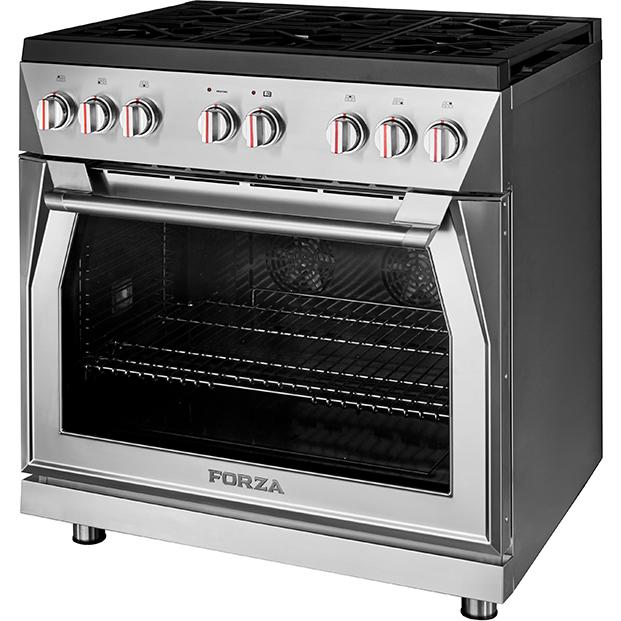 Stainless steel gas range with open oven door and front control knobs