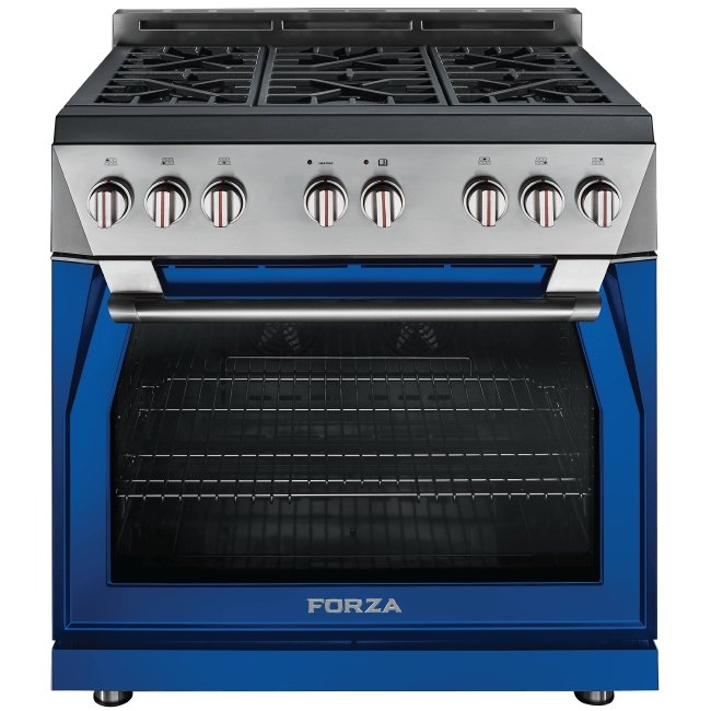 Pro-style gas range front with blue door panel, burner grates, and stainless control knobs