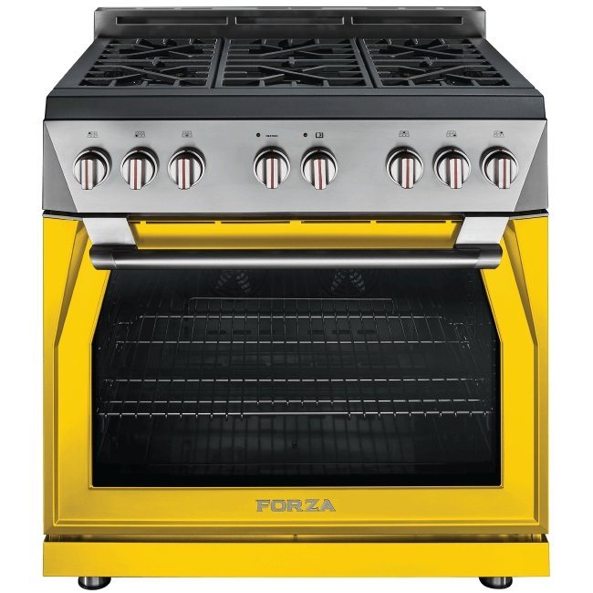 Ribelle yellow gas range with stainless top and open oven door