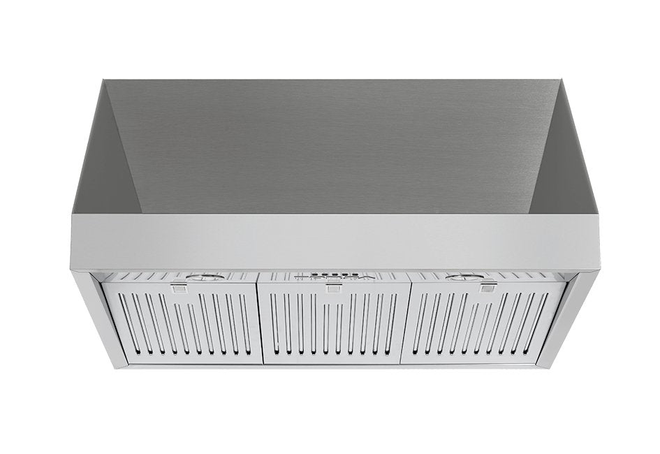 Stainless steel range hood with front vent grille beneath the chimney