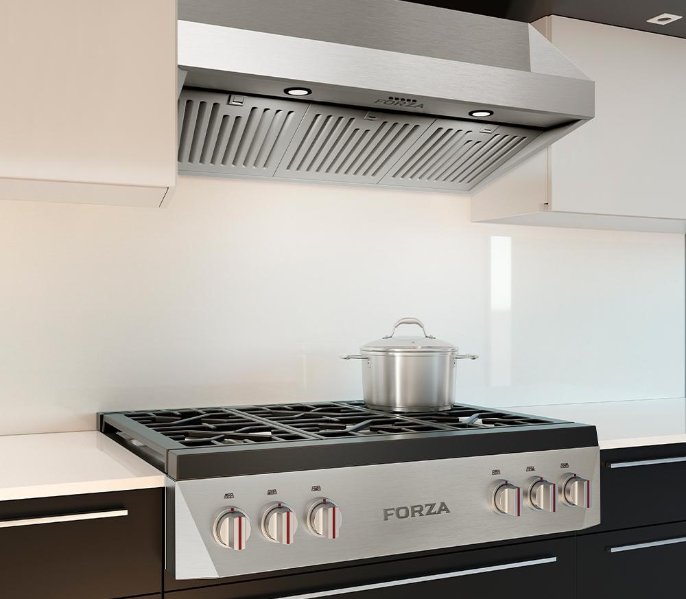 Stainless steel gas rangetop with black grate top, front knobs, and overhead vent