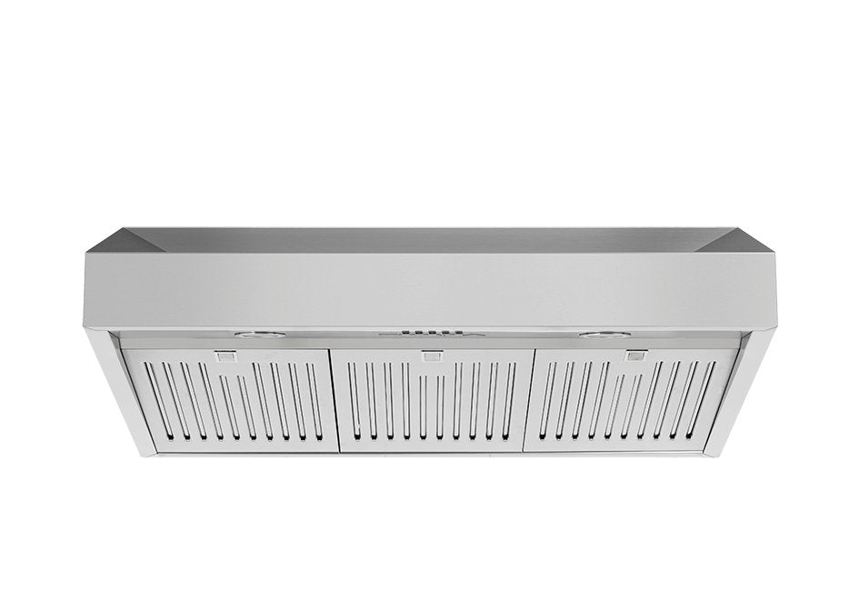 36-inch under-cabinet range hood with stainless steel canopy and vented grille