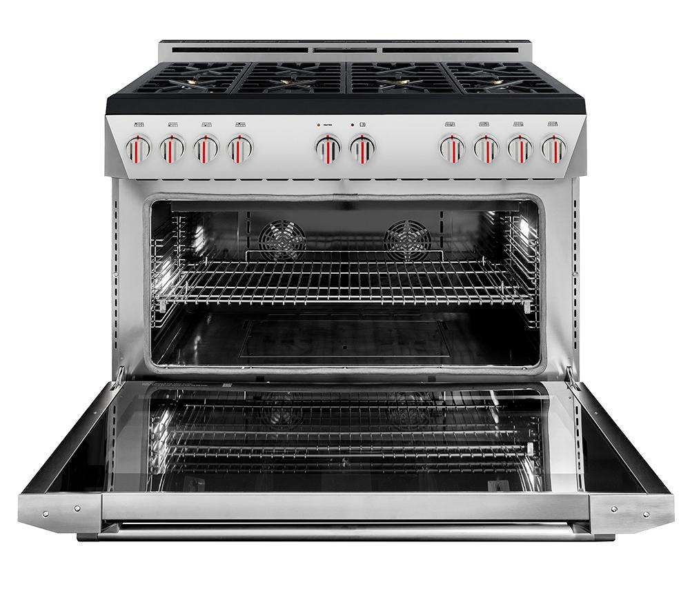 Stainless steel gas range with oven door open and racks visible, front view