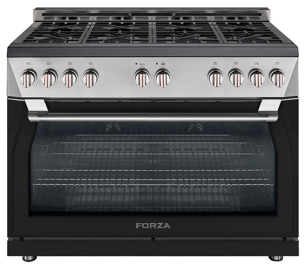 Pro-style gas range with front glass oven door and stainless control knob row