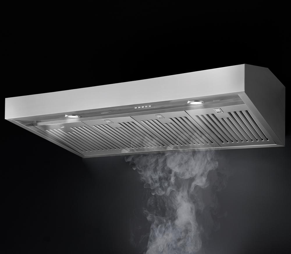 Stainless steel range hood underside with vent grille and two built-in lights