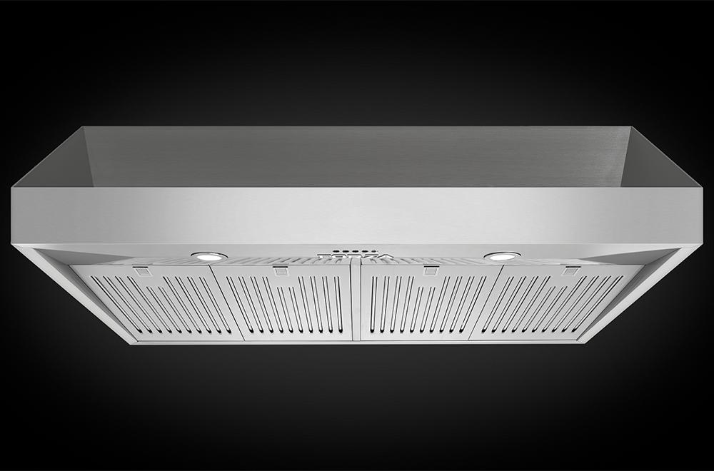 Stainless steel ceiling-style range hood underside with vent grilles and two lights