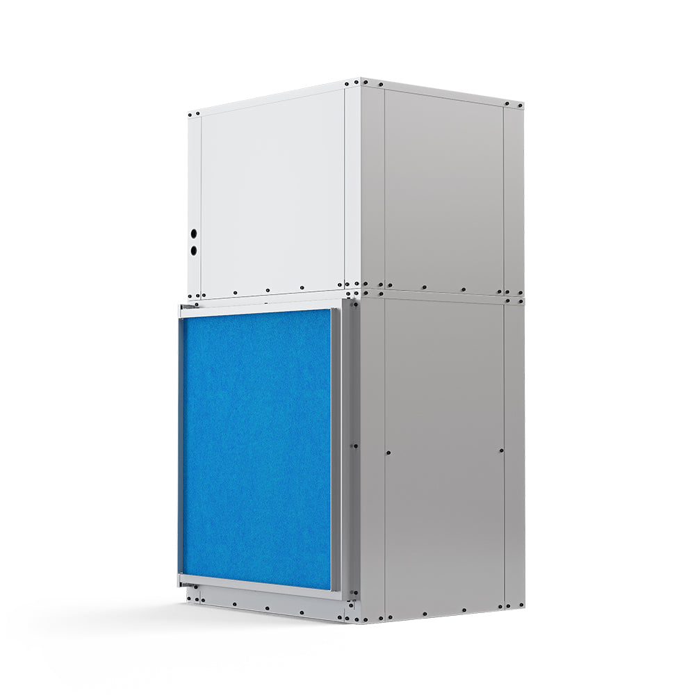 MRCOOL GeoCool HVAC unit, white cabinet with blue filter panel on side