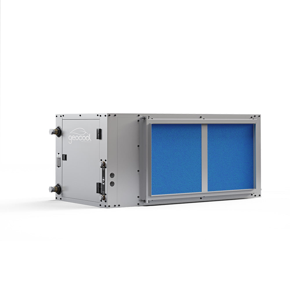 MRCOOL GeoCool 36K BTU horizontal air conditioner unit, front view with blue filters