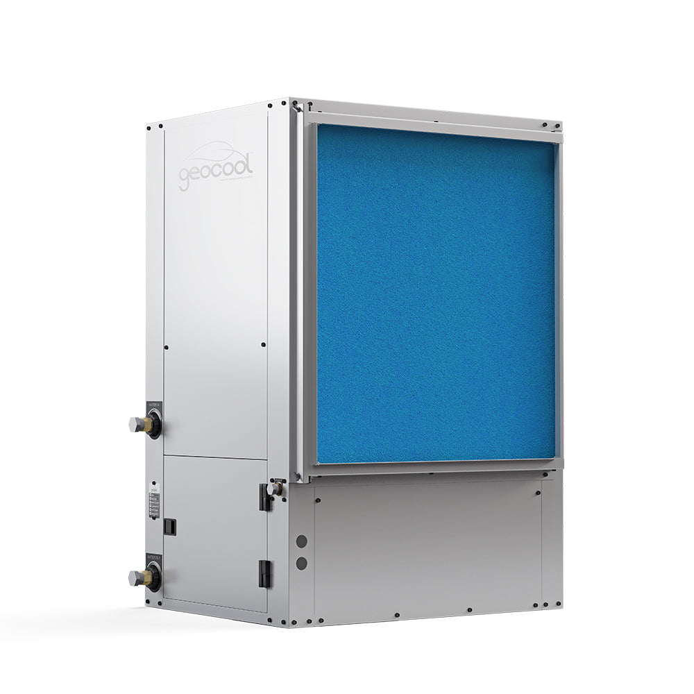 Vertical GeoCool heat pump unit with open door revealing blue filter media