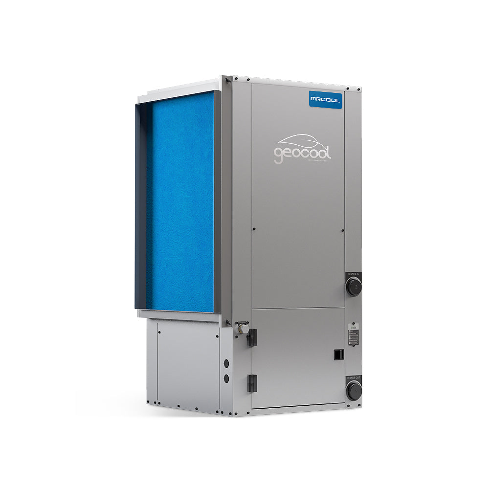 Vertical geoCool heat pump unit with blue filter panel and front control panel