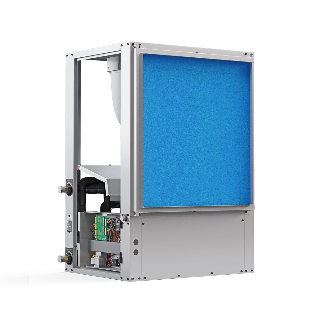 Horizontal two-stage air handler with blue filter panel, open access side and controls