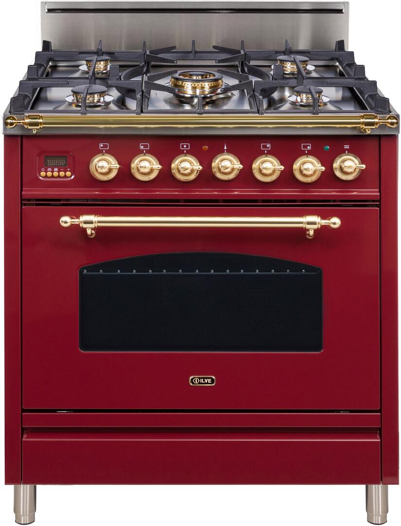 ILVE 30" Gas Range in Burgundy w/ Brass Trim (UPN76DVGGRB)