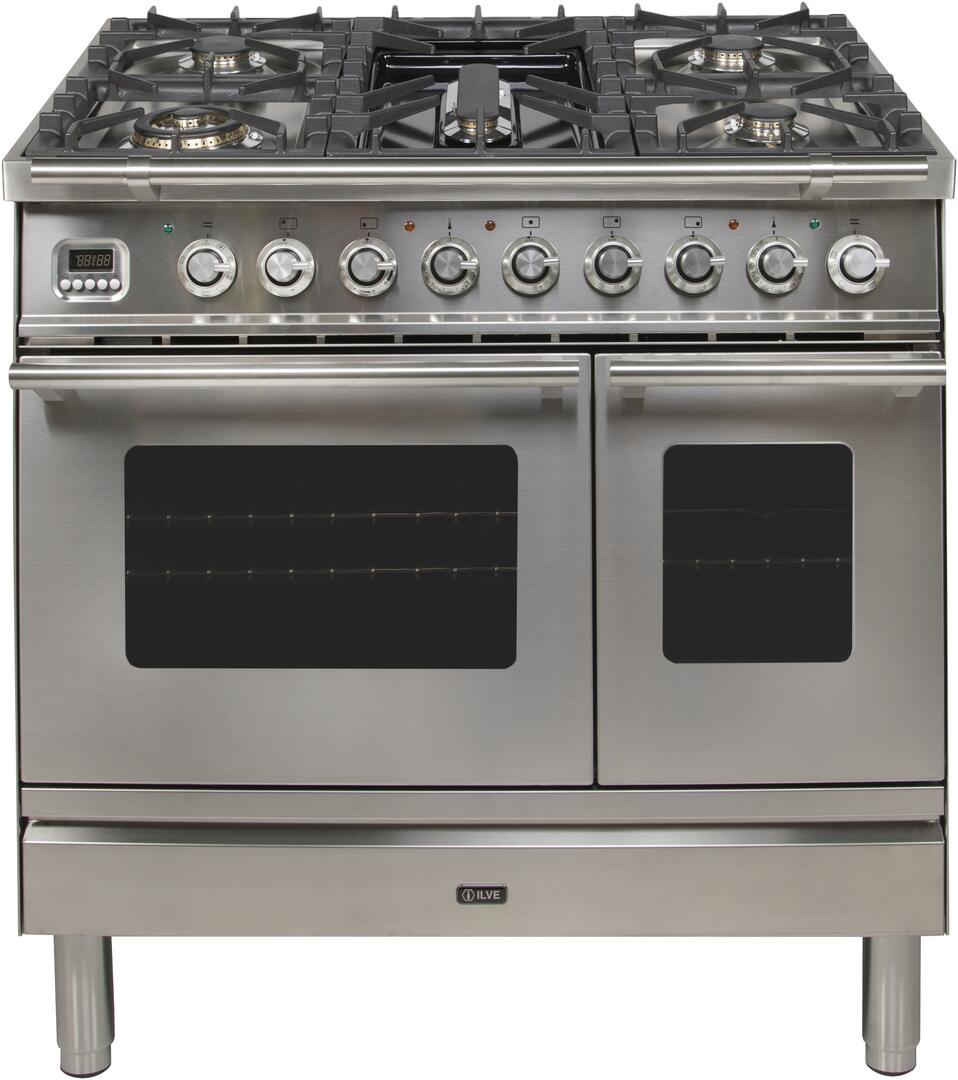 Stainless steel dual-fuel range with five sealed burners and double oven doors