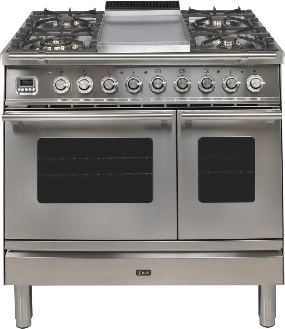 Stainless steel dual-fuel range with sealed burners, center griddle, and double ovens