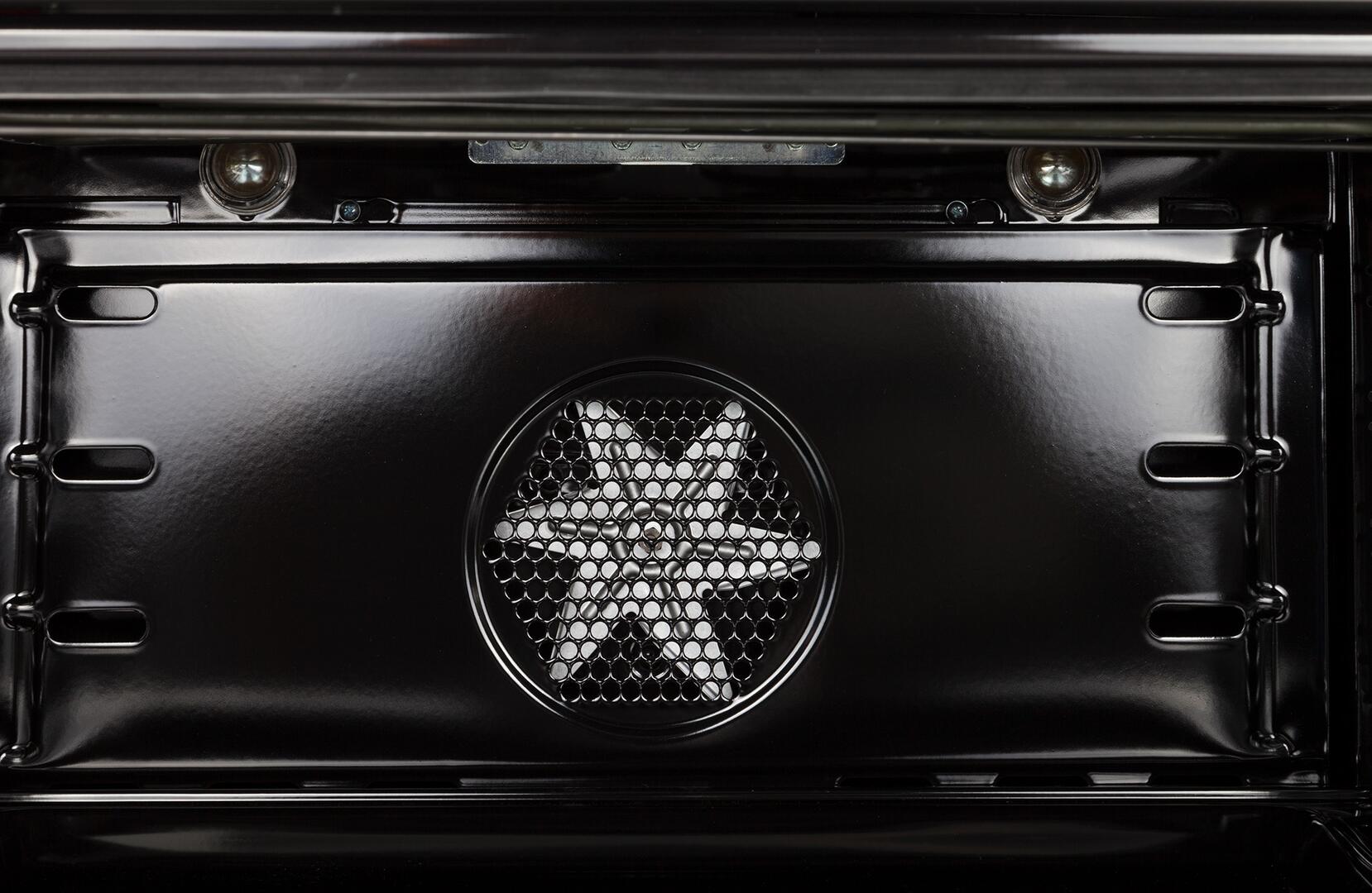 Professional dual fuel range oven cavity with convection fan grille