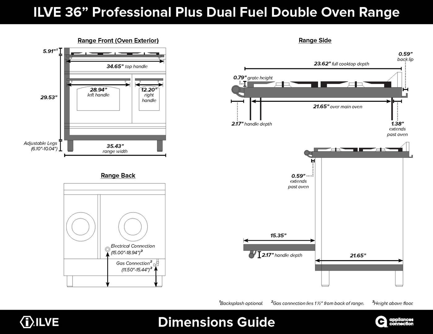 ILVE professional dual fuel range dimensions guide diagram