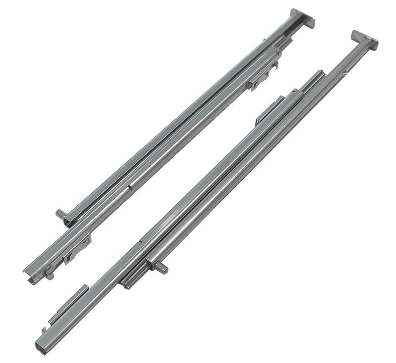Pair of stainless oven glide rack rails with side brackets and mounting clips