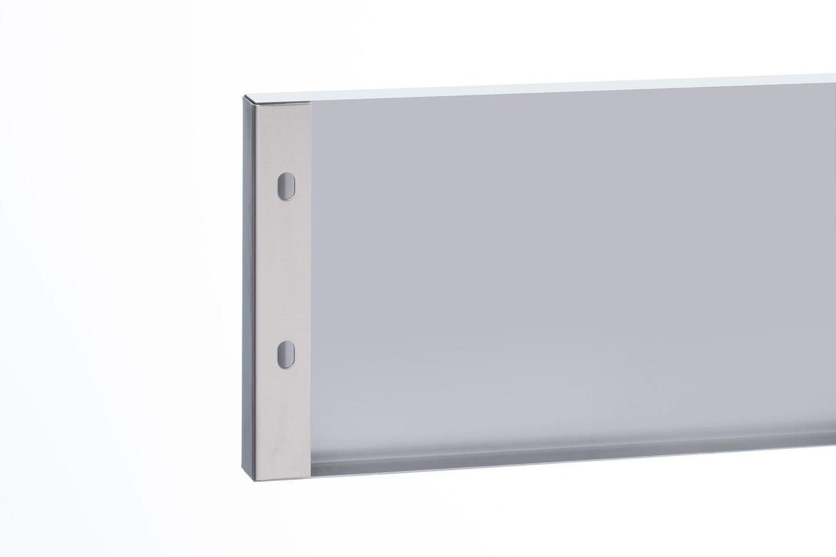 Stainless steel toe kick end bracket with two mounting holes and flat panel