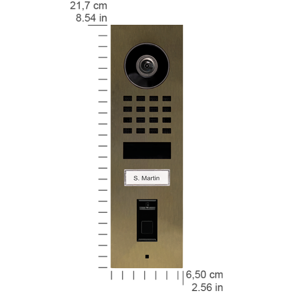 Brushed brass video door station front with camera lens, speaker grille, call button, nameplate