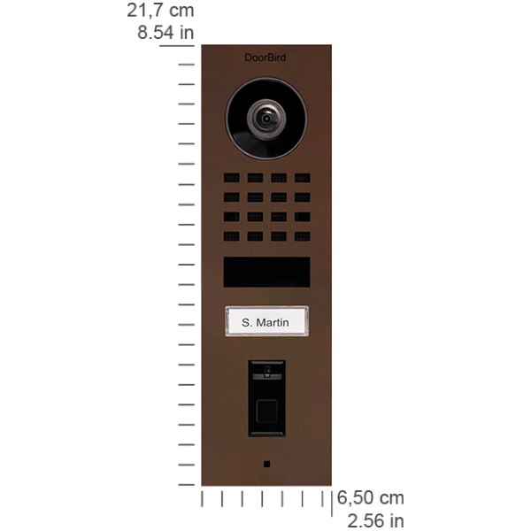 Bronze video door station with camera, keypad, S. Martin nameplate, and call button