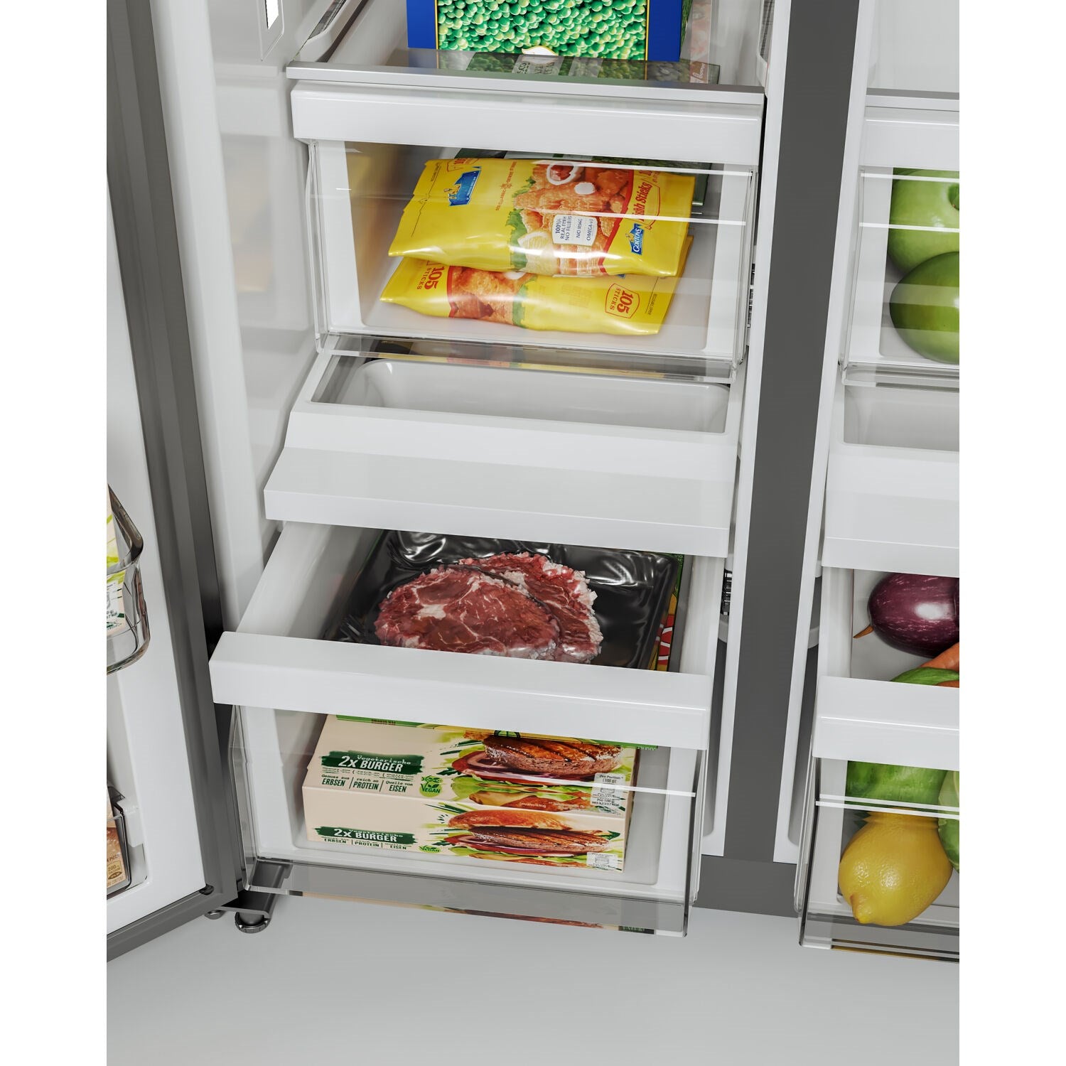 Side-by-side refrigerator with stainless steel interior shelves and freezer drawer