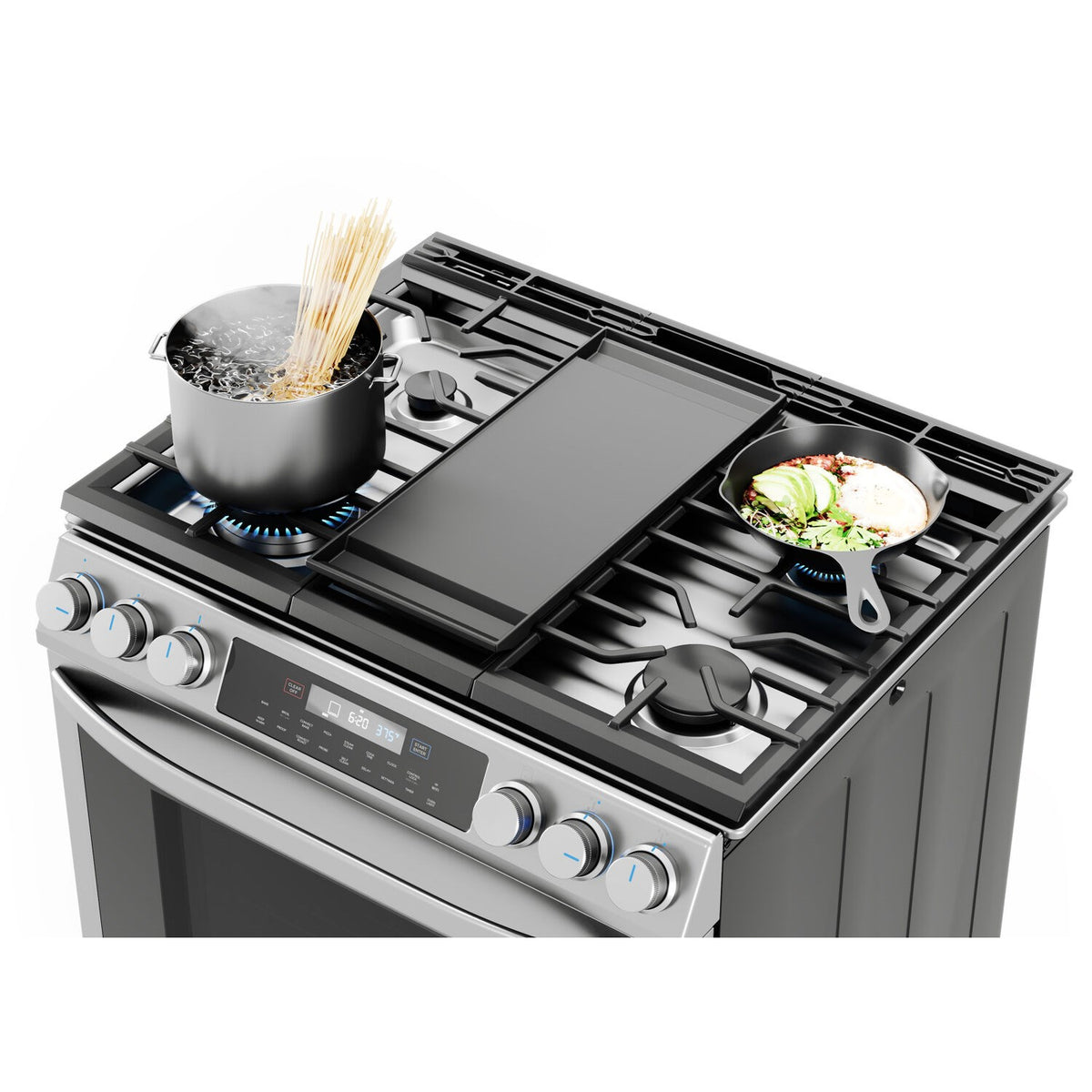 Stainless steel slide-in gas range with five sealed burners and black griddle