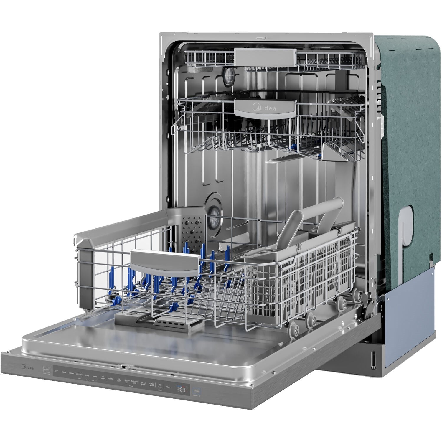 Built-in stainless steel dishwasher with top rack and lower rack, door open