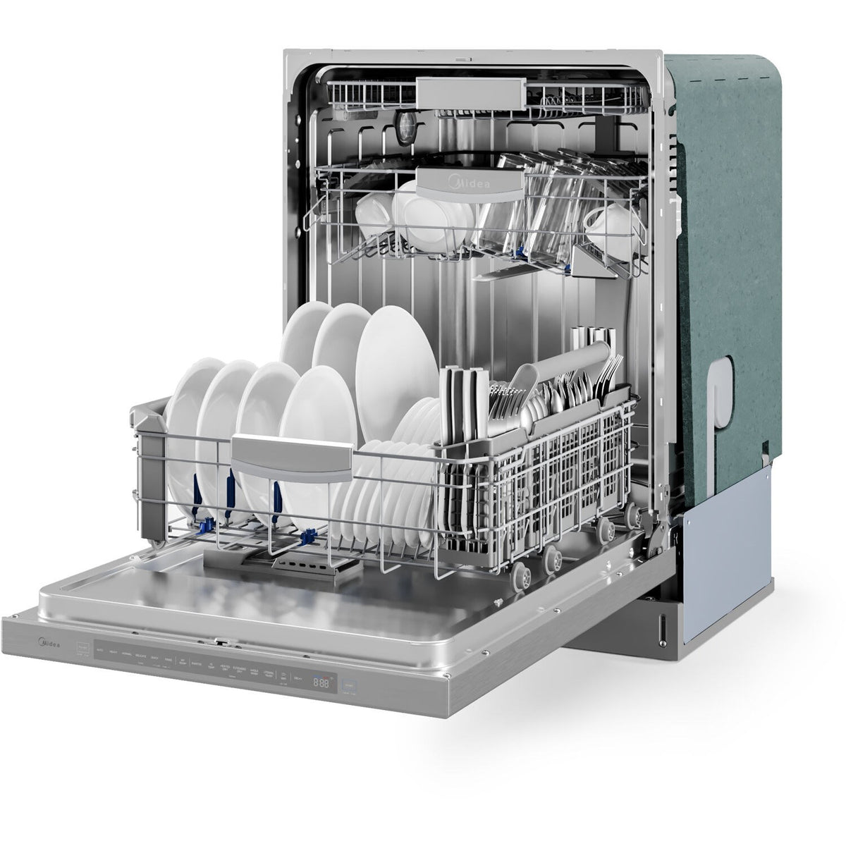 Built-in stainless steel dishwasher showing top rack and cutlery baskets, door open