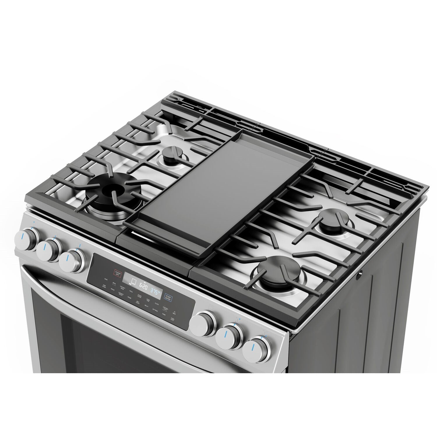 Stainless steel slide-in gas range with five sealed burners and smooth black griddle