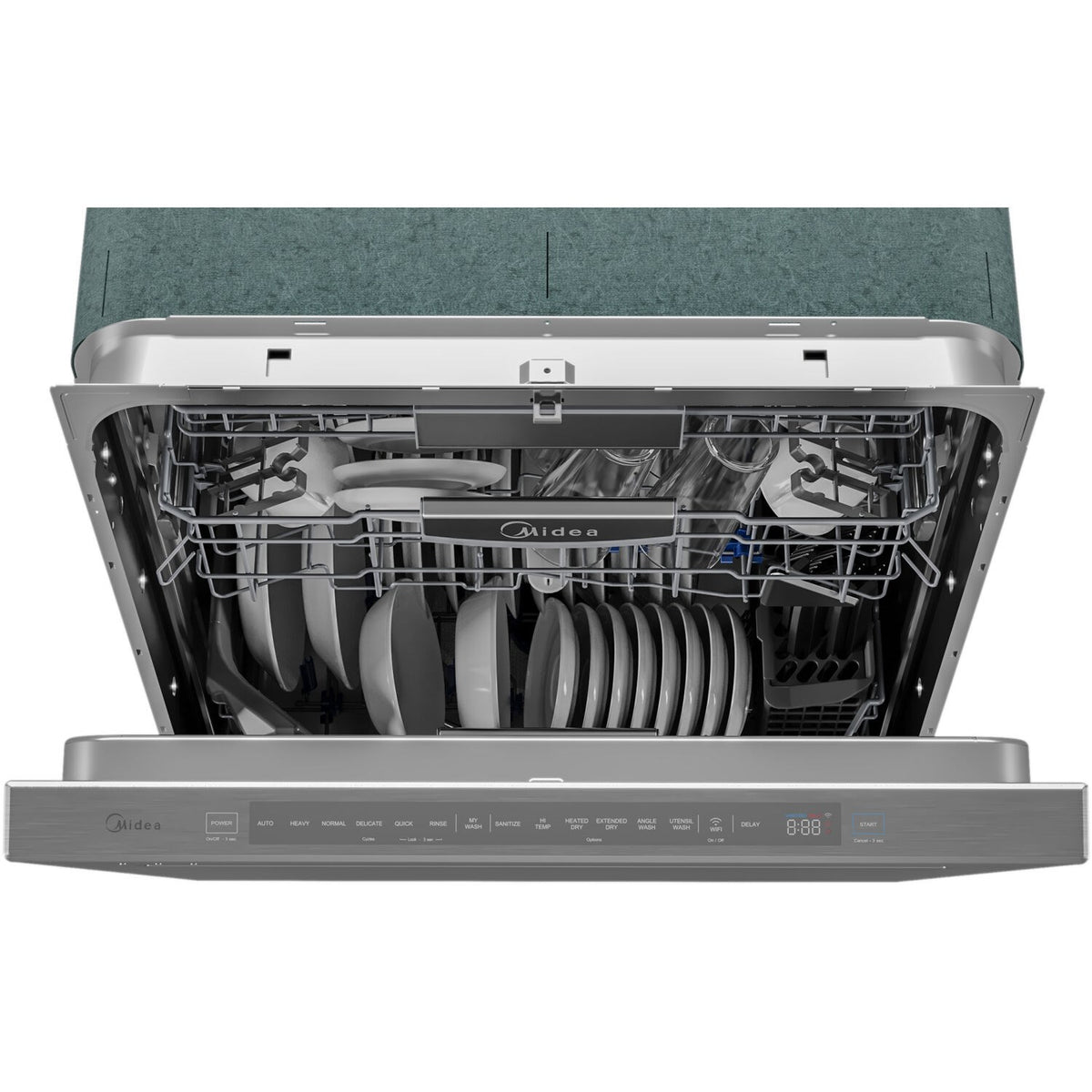 Built-in stainless steel dishwasher front view with spray arms and empty racks
