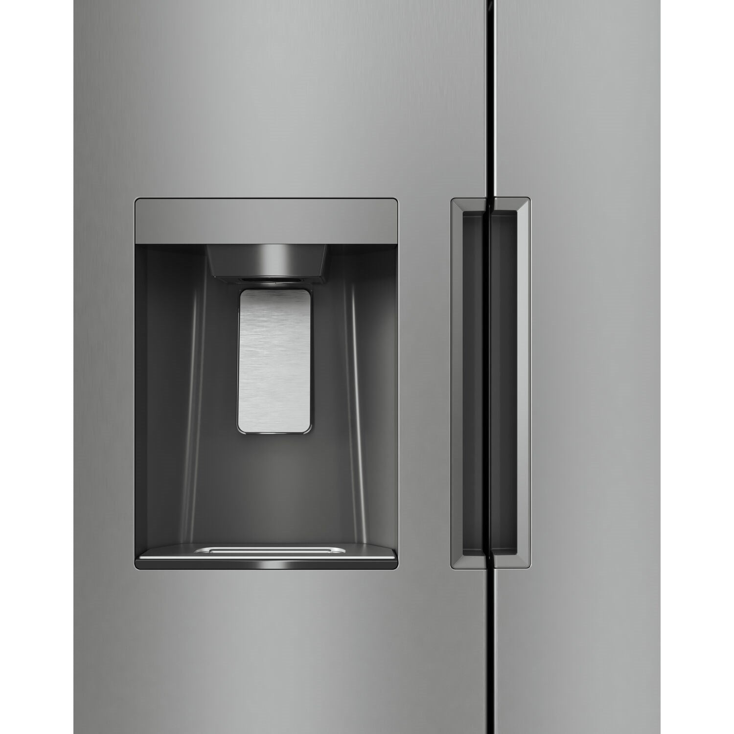 Side-by-side refrigerator freezer drawer opening with stainless steel handle
